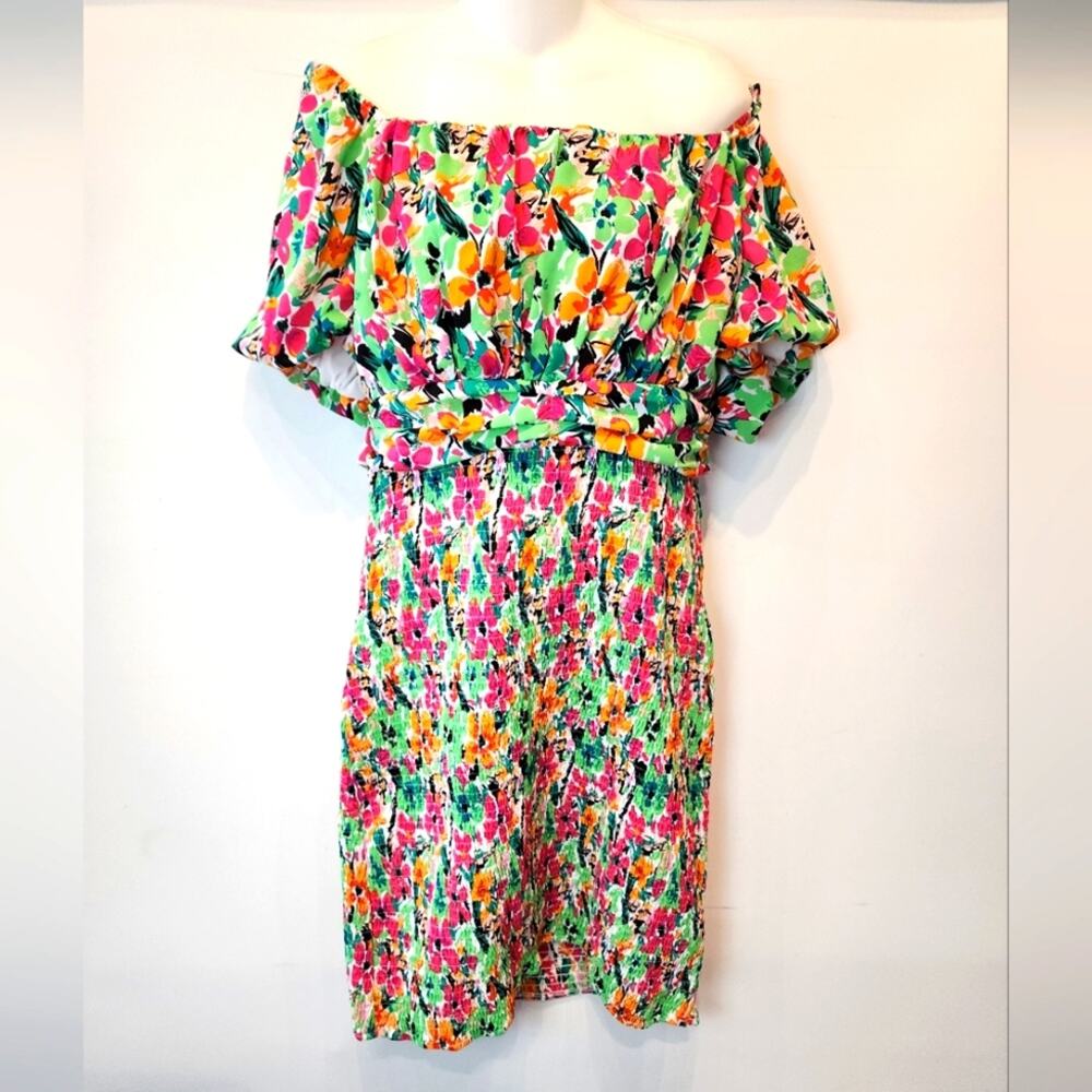 New Smocked Off the Shoulder Colorful Dress Bodycon Summer Dress Size XL